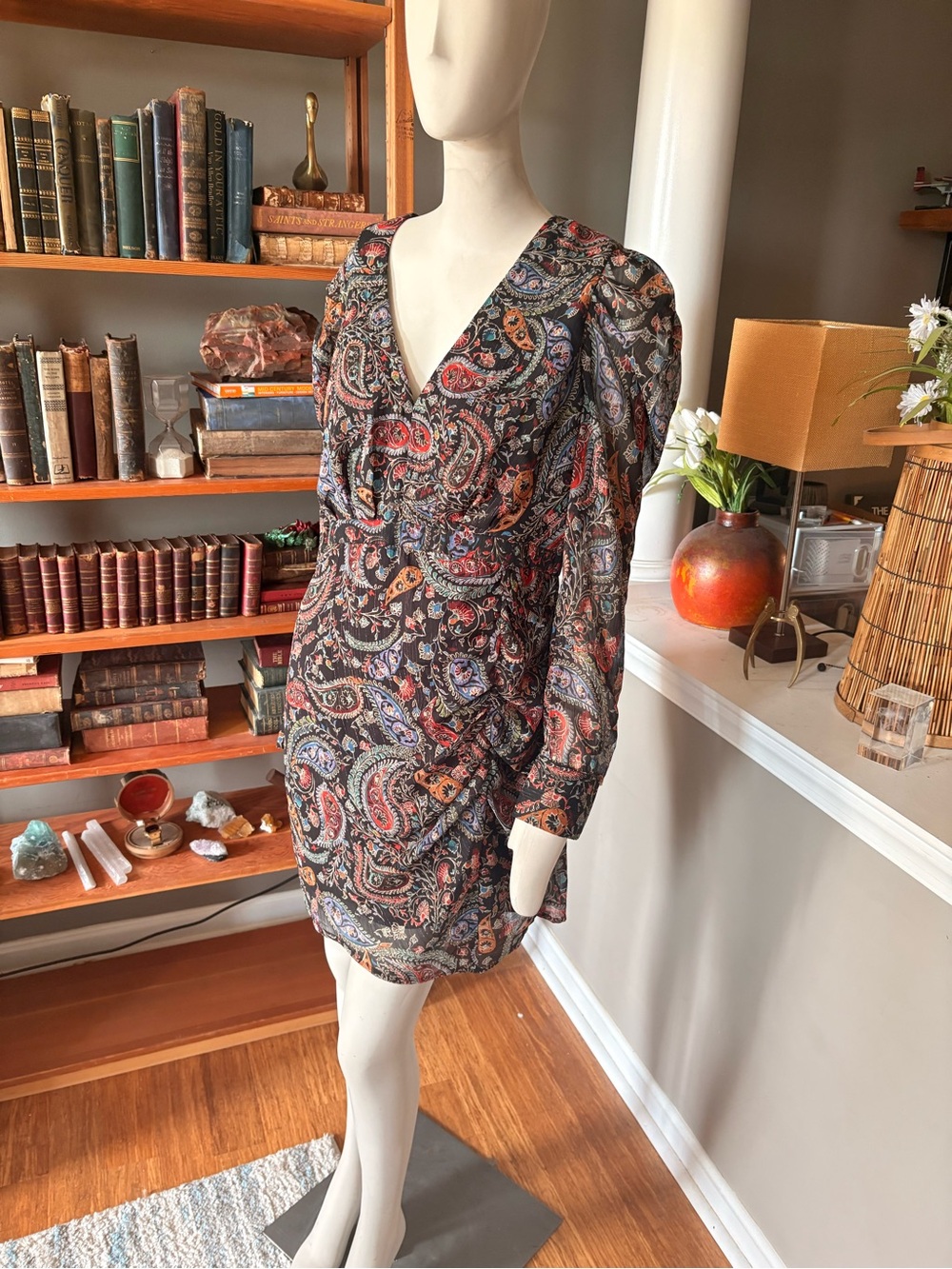 Aqua Paisley V-Neck Long Sleeve Mini Dress